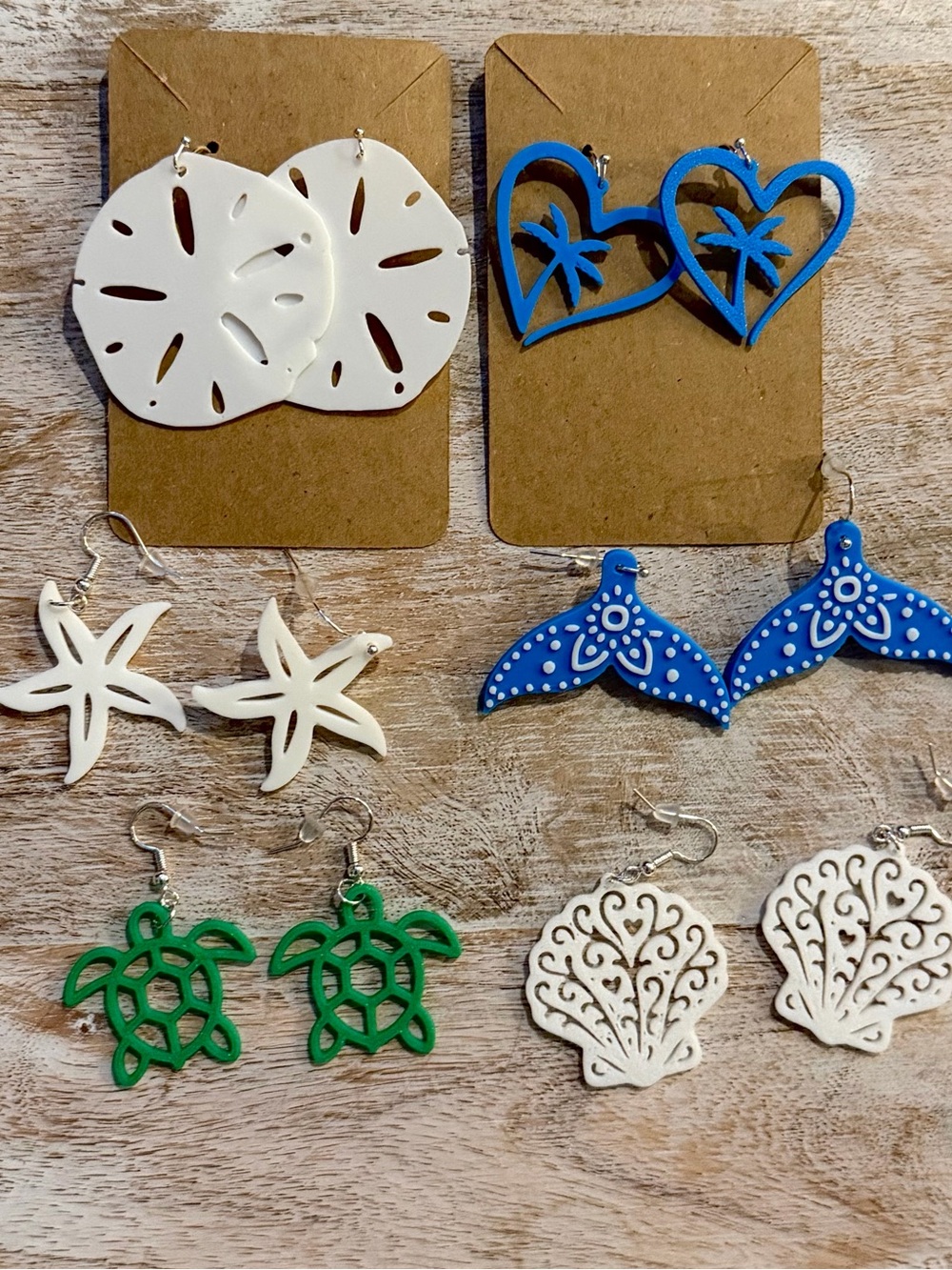 Set of Beach-Themed Earrings Set — White, Blue & Green Shells, Stars, Turtles